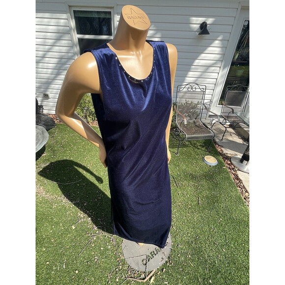Vintage 1990s Miss & Mrs Blue Crushed Velvet Midi Rhinestone Slit Large Dress - Picture 2 of 12
